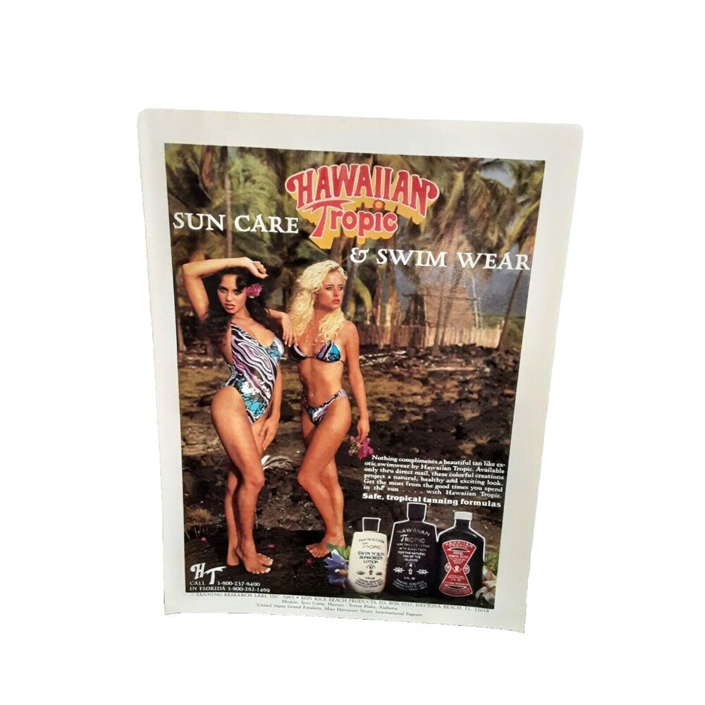1985 Hawaiian Tropic Care Swimwear Toni Costa Teresa Blake Original Print Ad